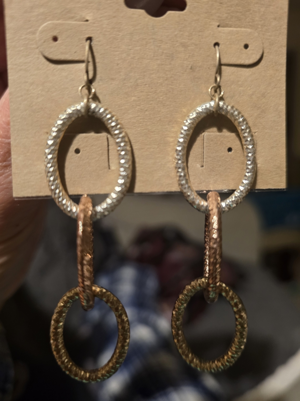 Erica Lyons Tri-Tone Textured Drop Hoop Earrings - Silver, Rose Gold, Gold